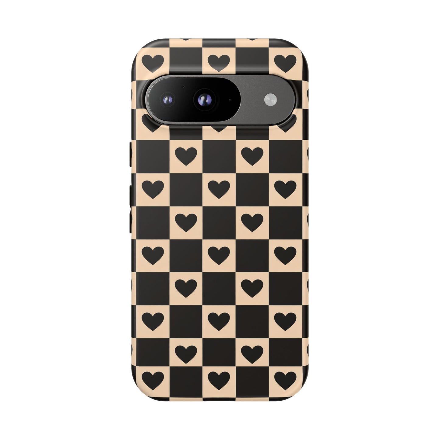 Checkerboard Heart Phone Case – Black & Beige Cute Aesthetic Protective Cover for Iphone, Samsung Galaxy and Pixel
