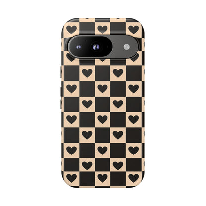 Checkerboard Heart Phone Case – Black & Beige Cute Aesthetic Protective Cover for Iphone, Samsung Galaxy and Pixel