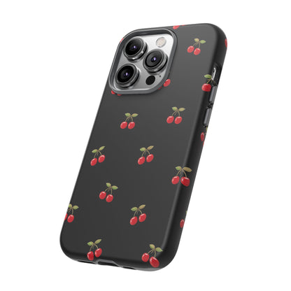 Cherry Pattern Phone Case — Slim Black Protective iPhone Case with Red Cherries for Iphone, Samsung Galaxy and Pixel