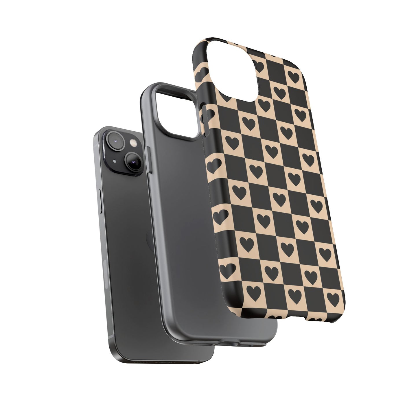 Checkerboard Heart Phone Case – Black & Beige Cute Aesthetic Protective Cover for Iphone, Samsung Galaxy and Pixel