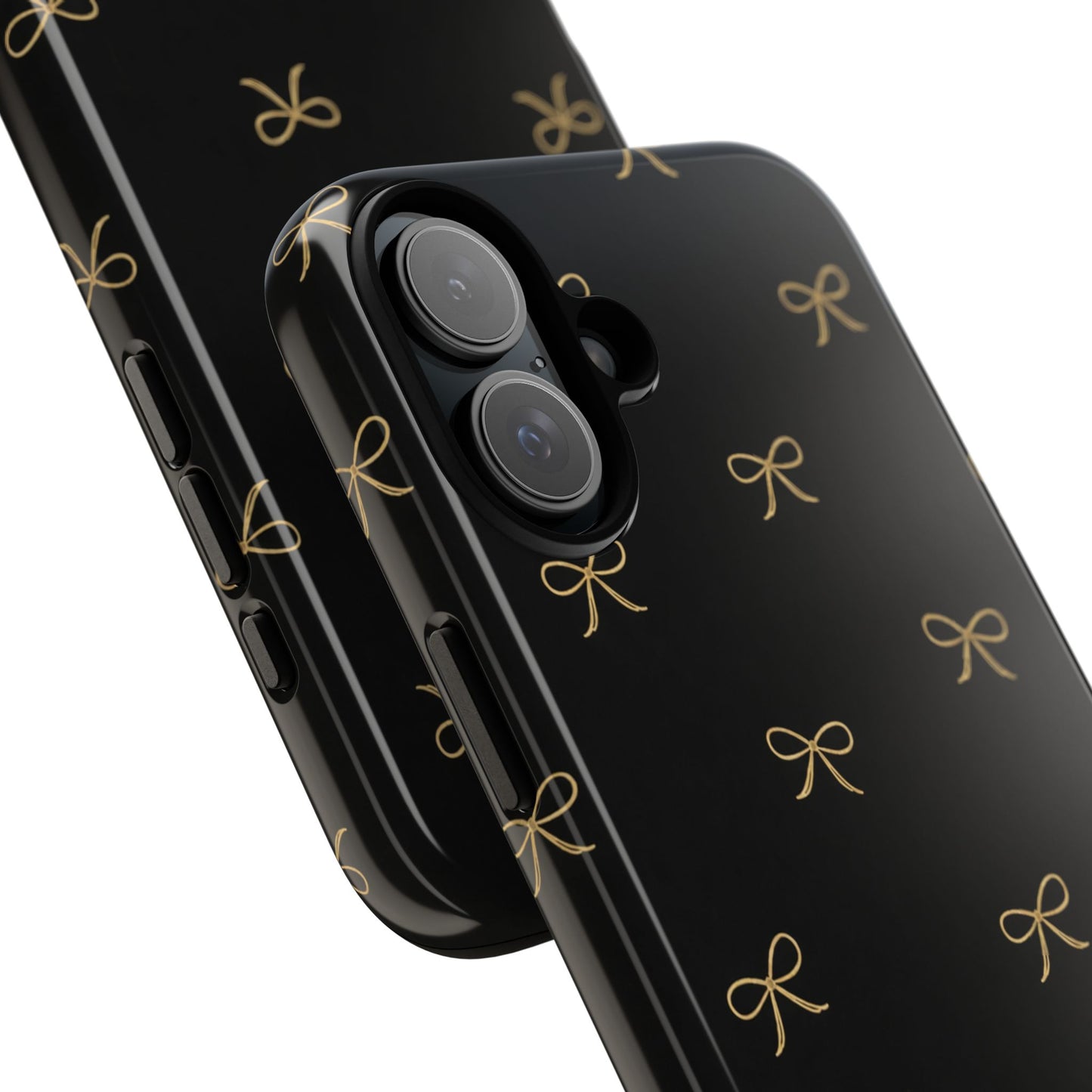 Black Phone Case with Gold Bow Pattern – Slim Protective Cute Aesthetic Cover for Iphone, Samsung Galaxy and Pixel