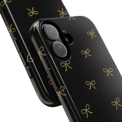 Black Phone Case with Gold Bow Pattern – Slim Protective Cute Aesthetic Cover for Iphone, Samsung Galaxy and Pixel