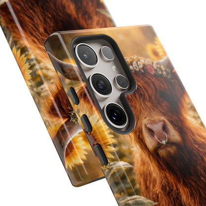 Highland Cow Sunflower Phone Case | Floral Farmhouse iPhone, Samsung Galaxy and Pixel Cover