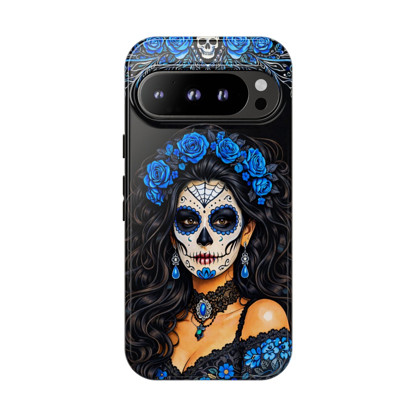 Blue Sugar Skull Woman Phone Case – Day of the Dead Aesthetic Tough Cover
