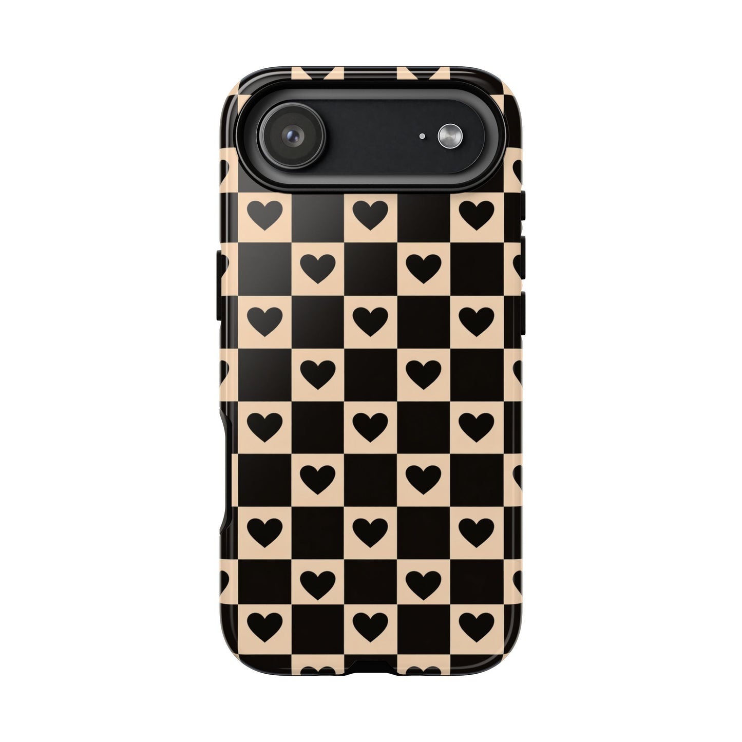 Checkerboard Heart Phone Case – Black & Beige Cute Aesthetic Protective Cover for Iphone, Samsung Galaxy and Pixel