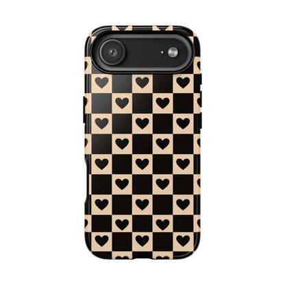 Checkerboard Heart Phone Case – Black & Beige Cute Aesthetic Protective Cover for Iphone, Samsung Galaxy and Pixel