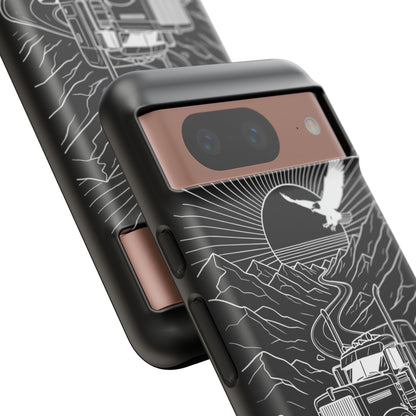 Trucker Highway Phone Case | Eagle & Mountain Line Art | Black Western Tough Case
