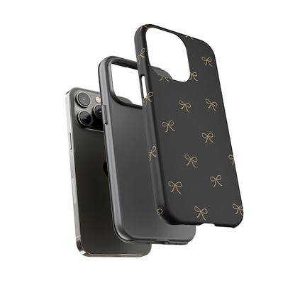 Black Phone Case with Gold Bow Pattern – Slim Protective Cute Aesthetic Cover for Iphone, Samsung Galaxy and Pixel