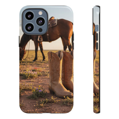 Western Cowboy Boots Phone Case – Rustic Horse Sunset Tough Case (iPhone, Samsung, Pixel)