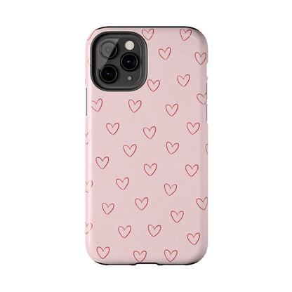 Pink Doodle Hearts Phone Case | Minimal Cute Heart Pattern Tough Case