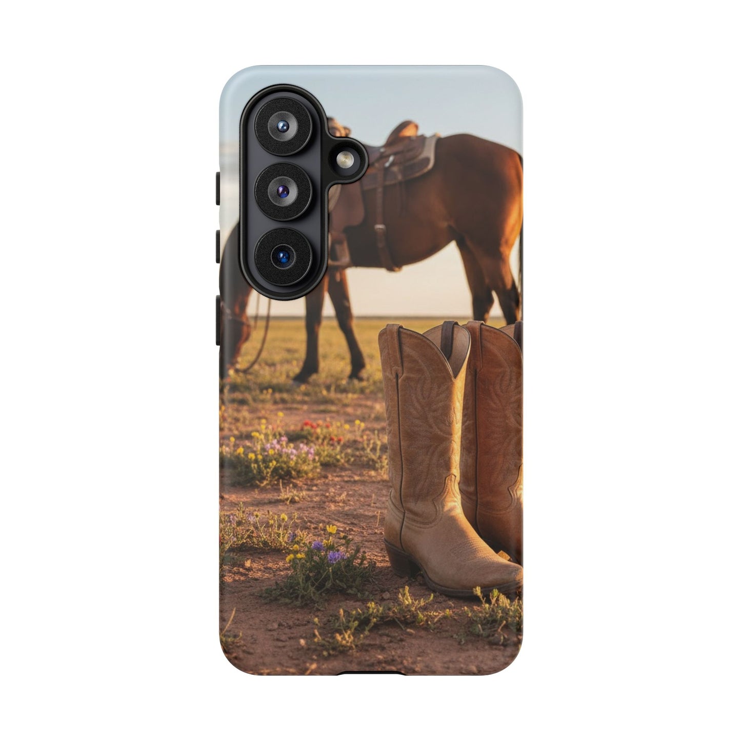 Western Cowboy Boots Phone Case – Rustic Horse Sunset Tough Case (iPhone, Samsung, Pixel)
