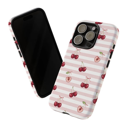 Pink Cherry Stripe Phone Case | Cute Coquette Aesthetic Protective Tough Case