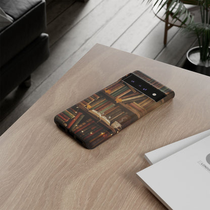 Cozy Vintage Bookshelf Phone Case, Library Aesthetic Book Stack, Autumn Coffee Vibes (iPhone, Samsung, Pixel)