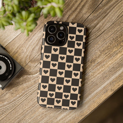 Checkerboard Heart Phone Case – Black & Beige Cute Aesthetic Protective Cover for Iphone, Samsung Galaxy and Pixel
