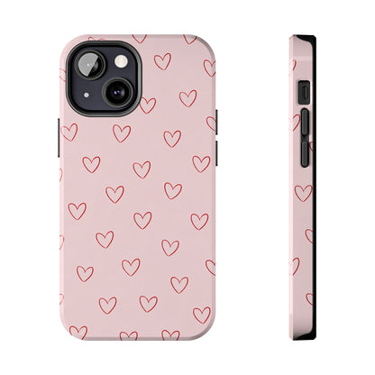 Pink Doodle Hearts Phone Case | Minimal Cute Heart Pattern Tough Case