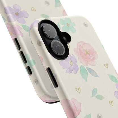 Pastel Floral Phone Case – Coquette Watercolor Flower Hearts Tough Case (iPhone, Samsung, Pixel)