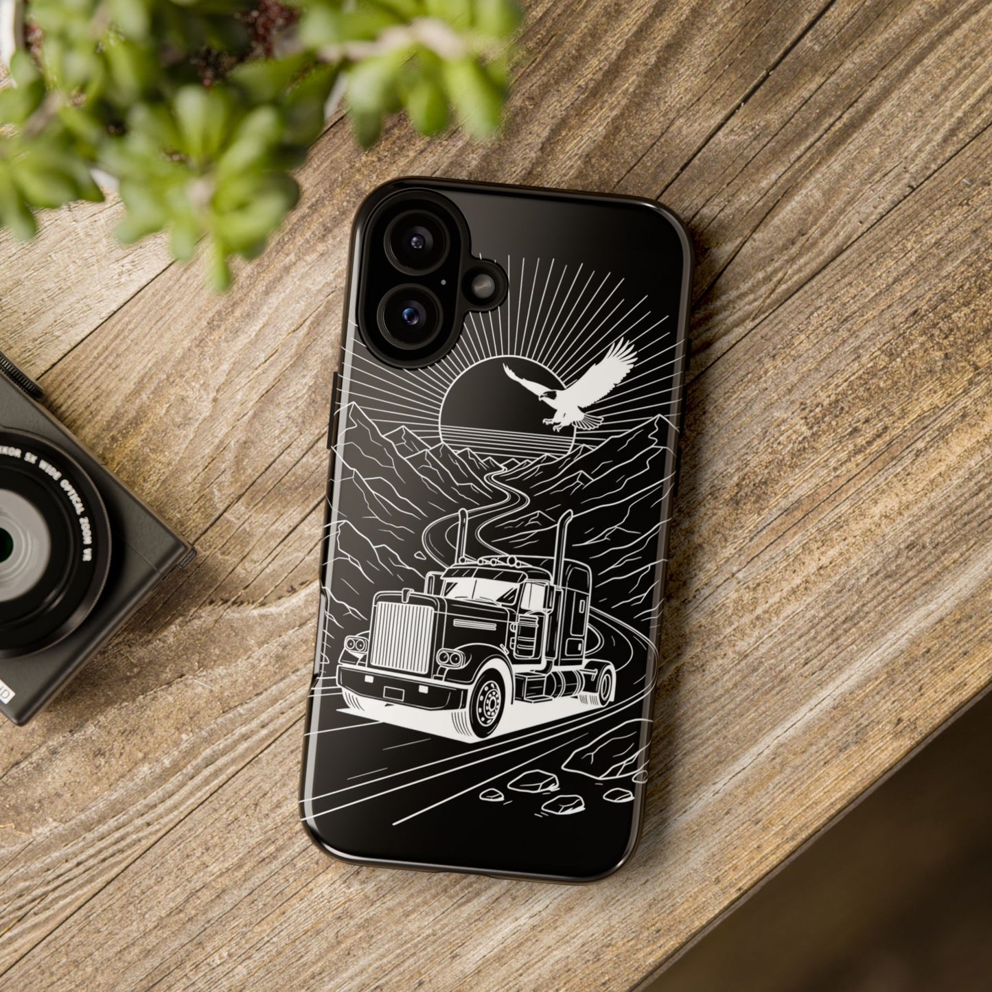 Trucker Highway Phone Case | Eagle & Mountain Line Art | Black Western Tough Case