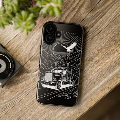Trucker Highway Phone Case | Eagle & Mountain Line Art | Black Western Tough Case