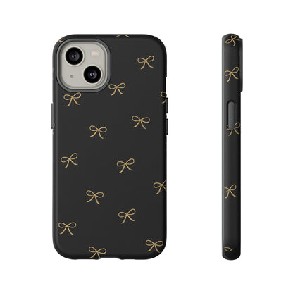 Black Phone Case with Gold Bow Pattern – Slim Protective Cute Aesthetic Cover for Iphone, Samsung Galaxy and Pixel