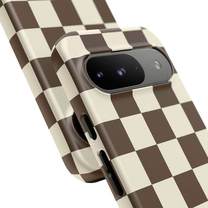 Mocha Checkerboard Phone Case | Neutral Aesthetic Checkered iPhone & Samsung Tough Case