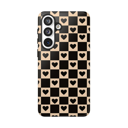 Checkerboard Heart Phone Case – Black & Beige Cute Aesthetic Protective Cover for Iphone, Samsung Galaxy and Pixel