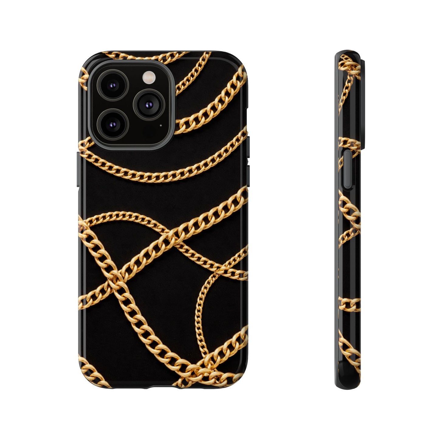 Luxury Gold Chain Phone Case – Black Designer Style Tough Protective Cover for Iphone, Samsung Galaxy and Pixel