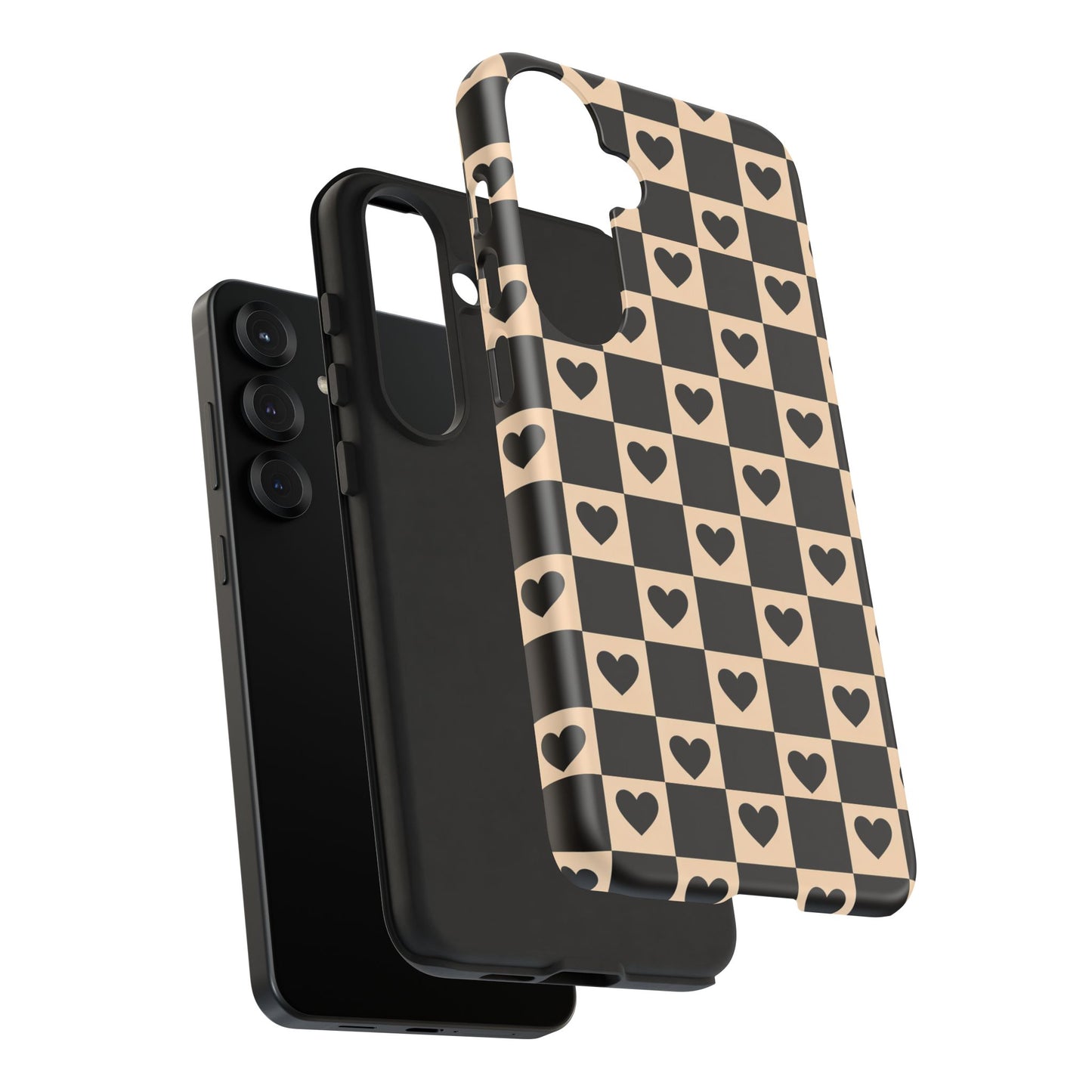 Checkerboard Heart Phone Case – Black & Beige Cute Aesthetic Protective Cover for Iphone, Samsung Galaxy and Pixel