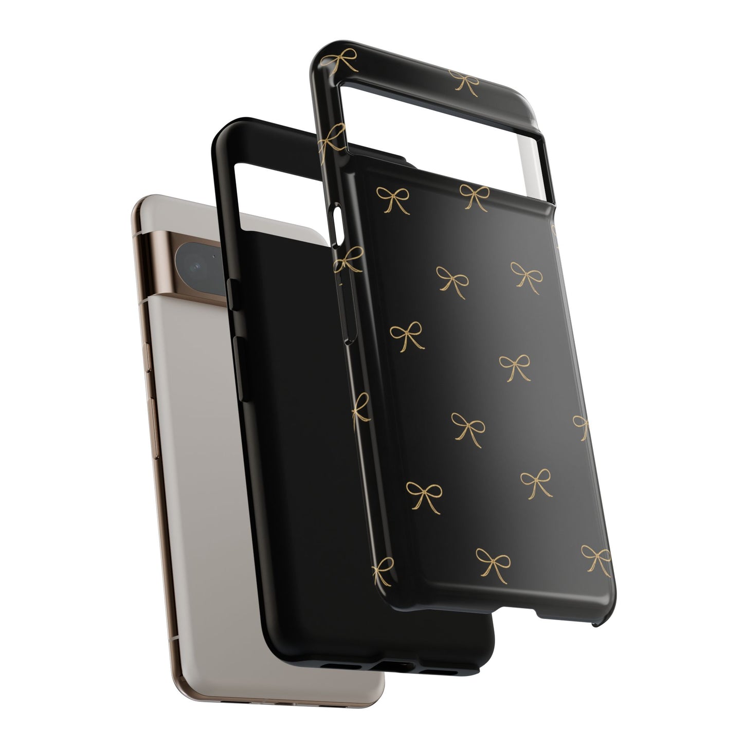 Black Phone Case with Gold Bow Pattern – Slim Protective Cute Aesthetic Cover for Iphone, Samsung Galaxy and Pixel