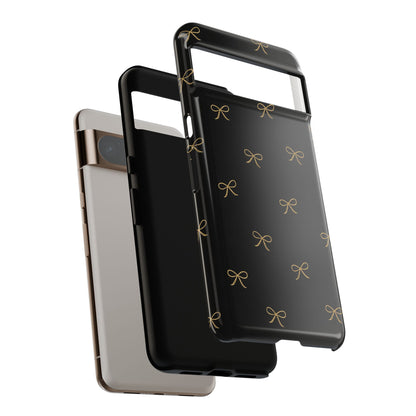 Black Phone Case with Gold Bow Pattern – Slim Protective Cute Aesthetic Cover for Iphone, Samsung Galaxy and Pixel
