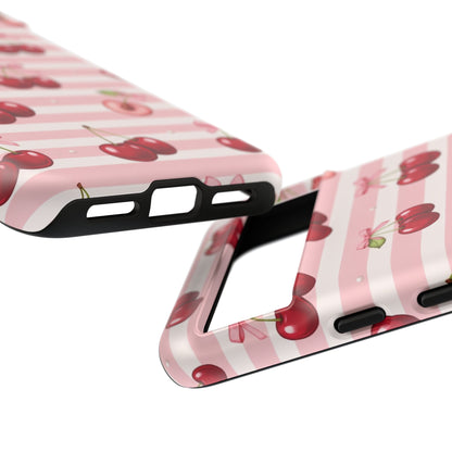 Coquette Cherry Bow Phone Case | Cute Pink Aesthetic Cherry Pattern Tough Case for iPhone & Samsung