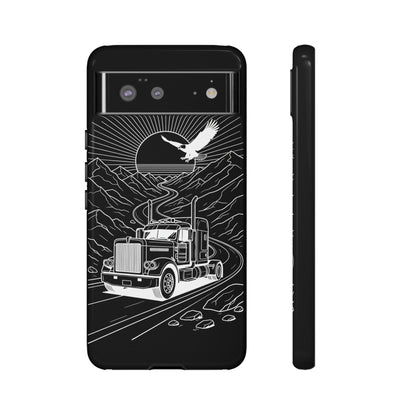 Trucker Highway Phone Case | Eagle & Mountain Line Art | Black Western Tough Case