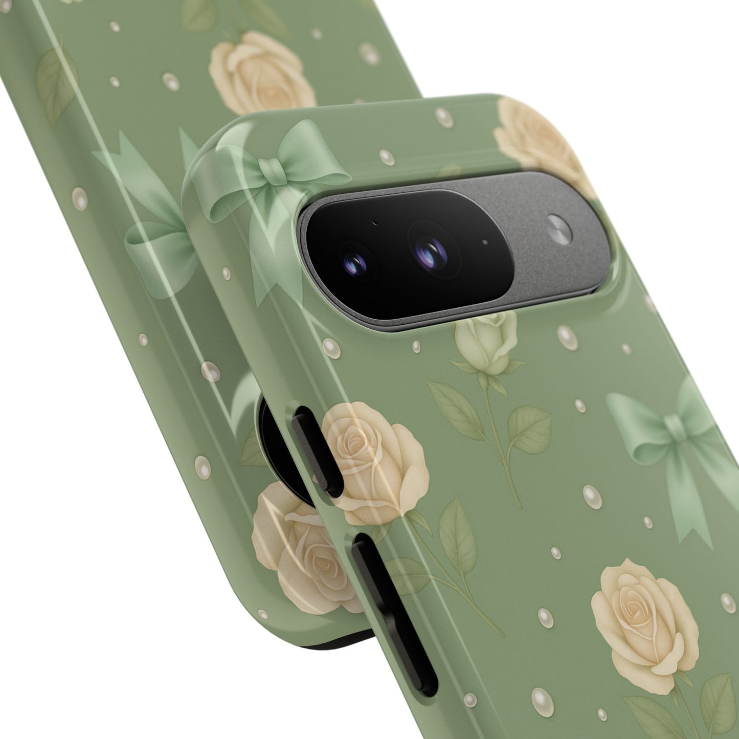 Vintage Rose Bow Phone Case – Sage Green Floral Coquette Aesthetic Tough Case (iPhone, Samsung, Pixel)
