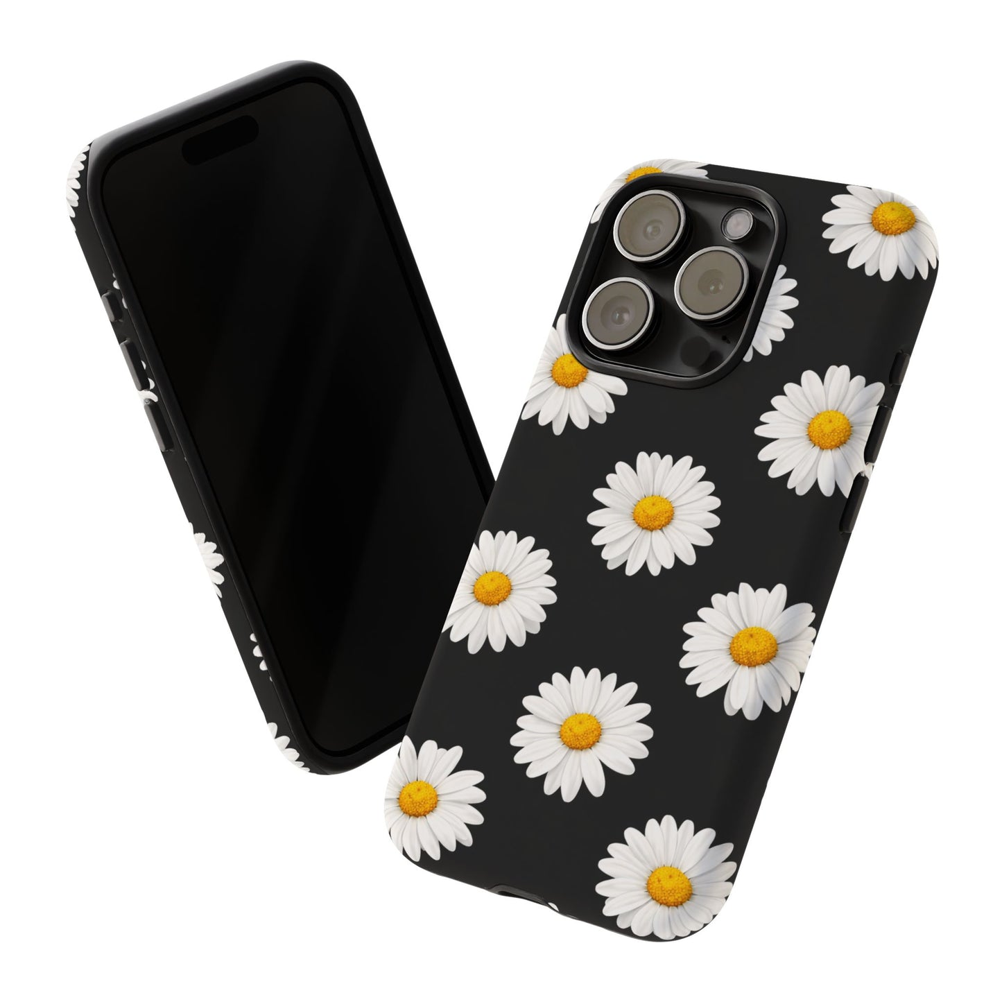 Black Daisy Floral Tough Phone Case – Cute Protective Cover for Iphone, Samsung Galaxy and Pixel