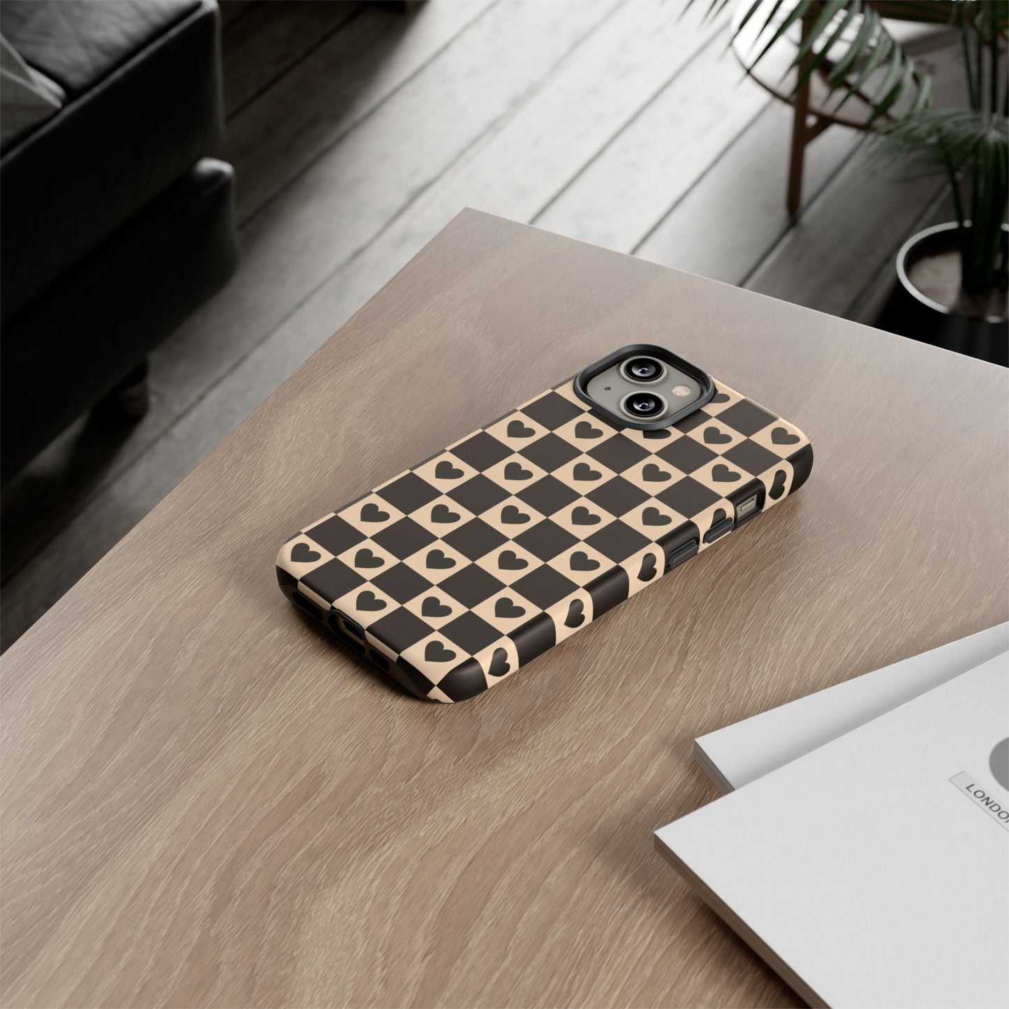 Checkerboard Heart Phone Case – Black & Beige Cute Aesthetic Protective Cover for Iphone, Samsung Galaxy and Pixel
