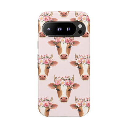 Floral Cow Phone Case – Cute Pink Cow Print Tough Protective Case for Iphone, Samsung Galaxy and Pixel