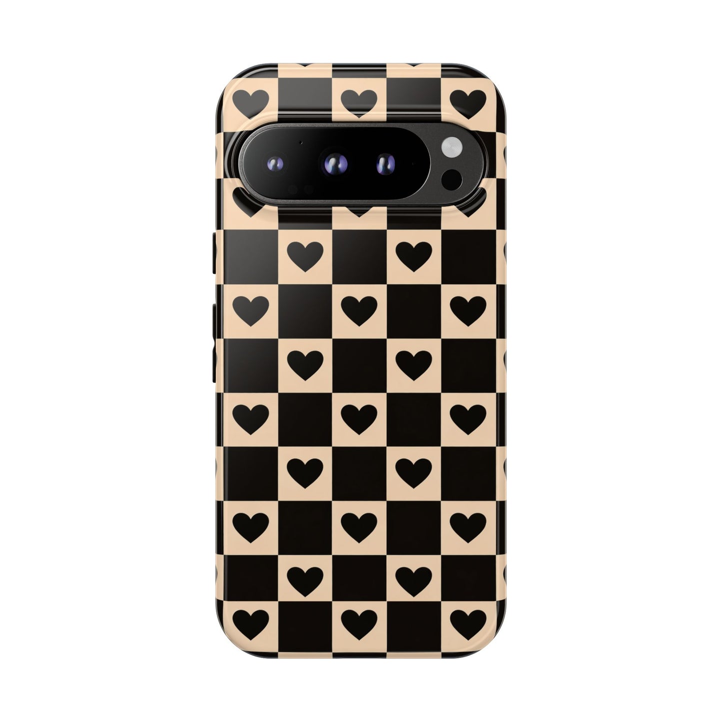Checkerboard Heart Phone Case – Black & Beige Cute Aesthetic Protective Cover for Iphone, Samsung Galaxy and Pixel