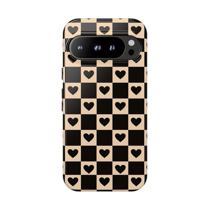 Checkerboard Heart Phone Case – Black & Beige Cute Aesthetic Protective Cover for Iphone, Samsung Galaxy and Pixel
