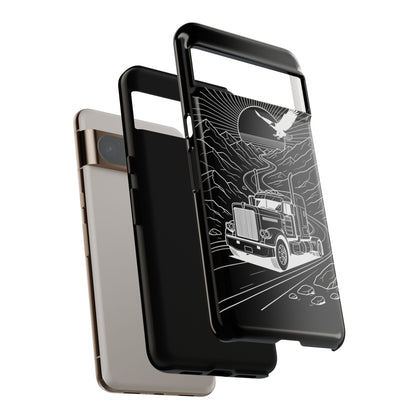Trucker Highway Phone Case | Eagle & Mountain Line Art | Black Western Tough Case