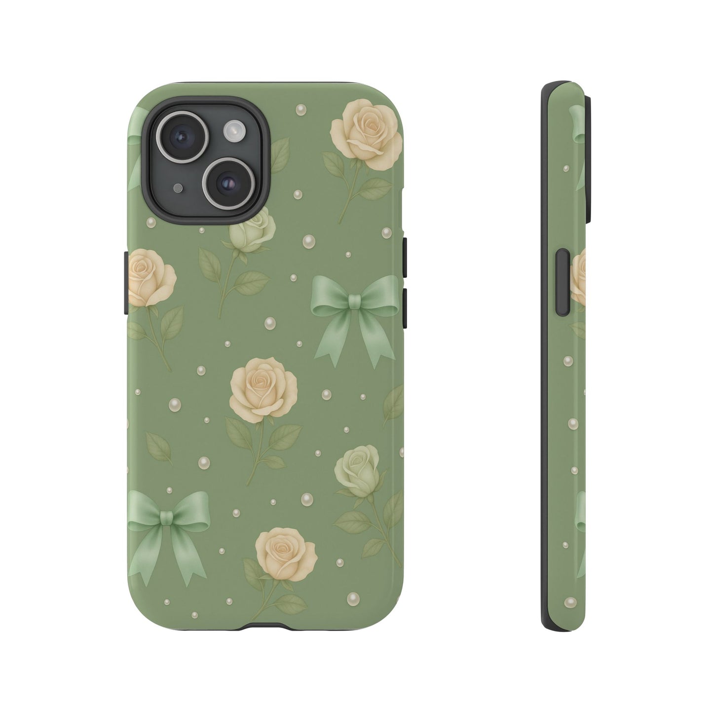 Vintage Rose Bow Phone Case – Sage Green Floral Coquette Aesthetic Tough Case (iPhone, Samsung, Pixel)