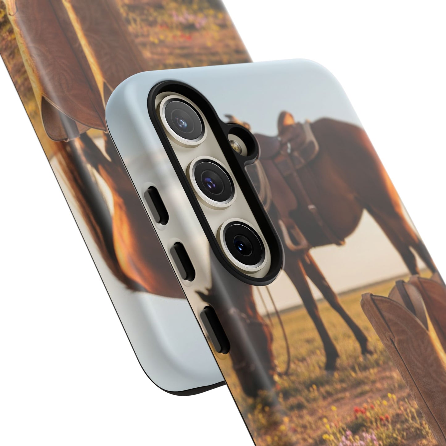 Western Cowboy Boots Phone Case – Rustic Horse Sunset Tough Case (iPhone, Samsung, Pixel)