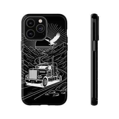 Trucker Highway Phone Case | Eagle & Mountain Line Art | Black Western Tough Case