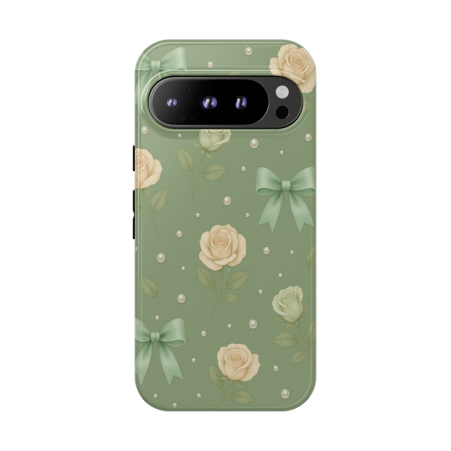 Vintage Rose Bow Phone Case – Sage Green Floral Coquette Aesthetic Tough Case (iPhone, Samsung, Pixel)