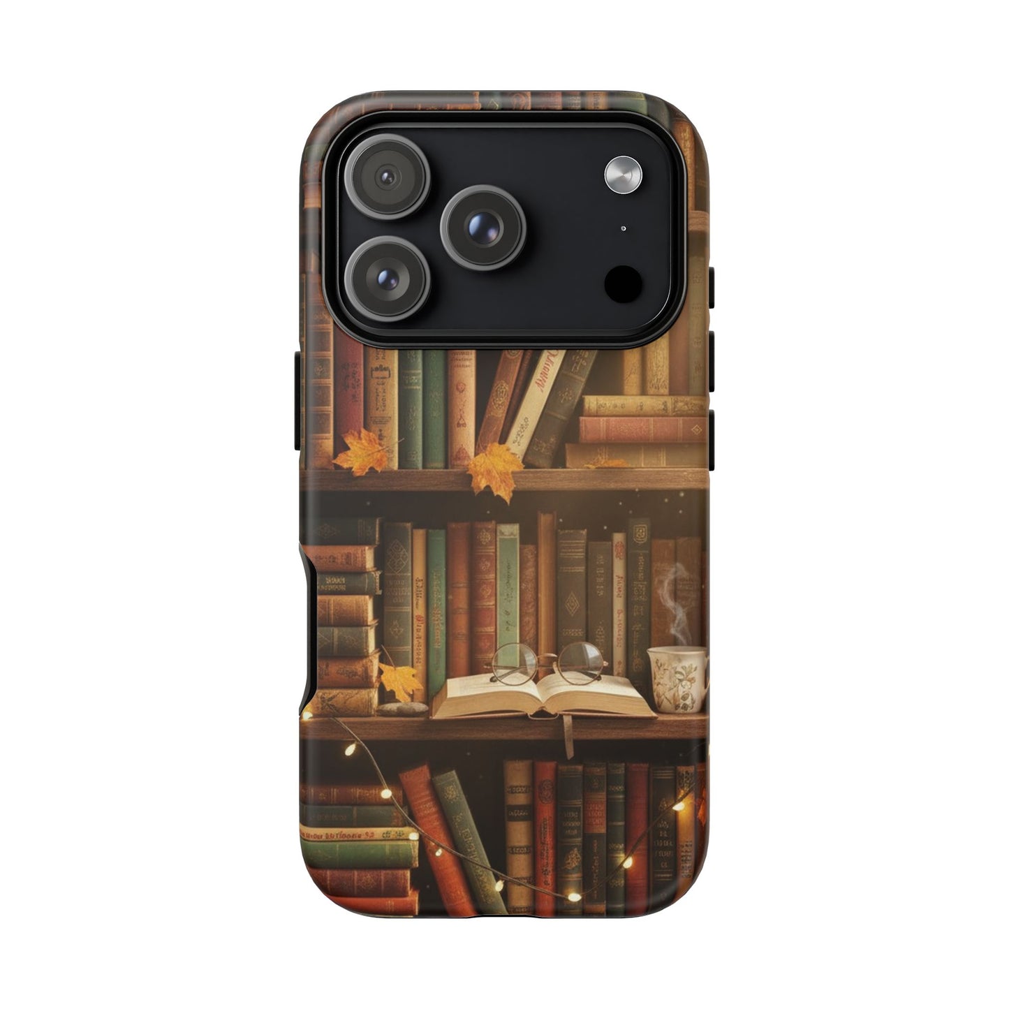 Cozy Vintage Bookshelf Phone Case, Library Aesthetic Book Stack, Autumn Coffee Vibes (iPhone, Samsung, Pixel)