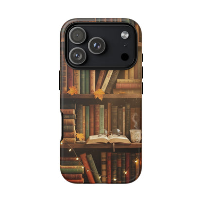 Cozy Vintage Bookshelf Phone Case, Library Aesthetic Book Stack, Autumn Coffee Vibes (iPhone, Samsung, Pixel)