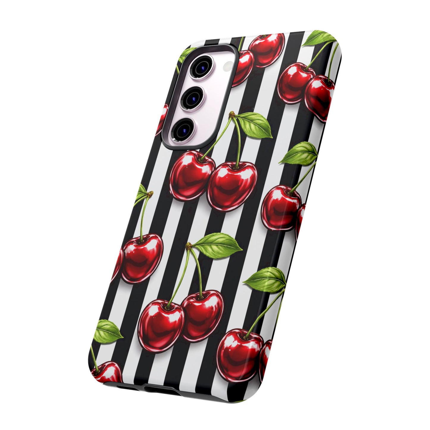 Cherry Pattern Phone Case Black White Stripe Retro Aesthetic Tough Cover