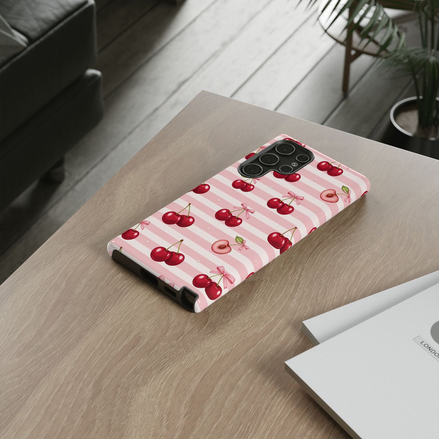 Coquette Cherry Bow Phone Case | Cute Pink Aesthetic Cherry Pattern Tough Case for iPhone & Samsung