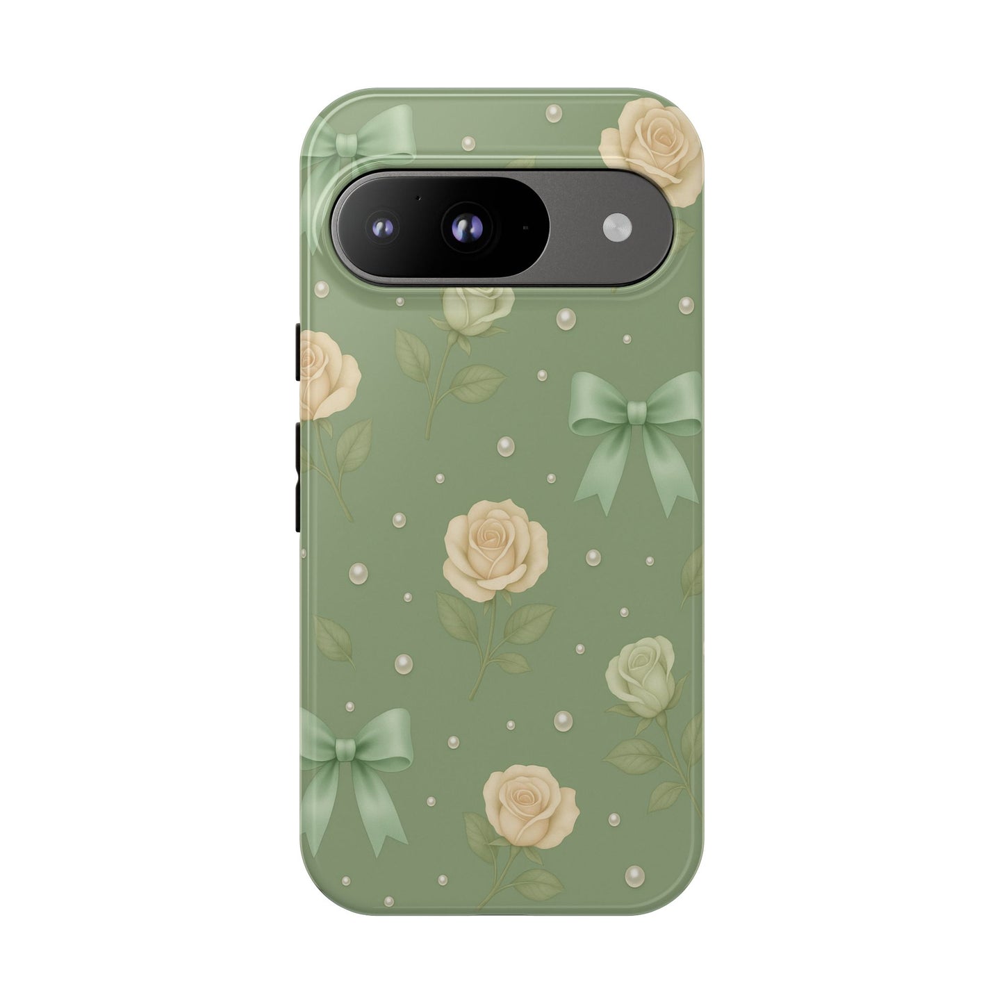 Vintage Rose Bow Phone Case – Sage Green Floral Coquette Aesthetic Tough Case (iPhone, Samsung, Pixel)