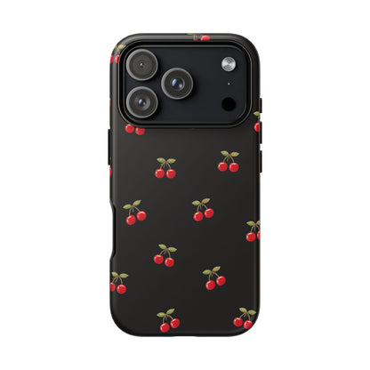 Cherry Pattern Phone Case — Slim Black Protective iPhone Case with Red Cherries for Iphone, Samsung Galaxy and Pixel