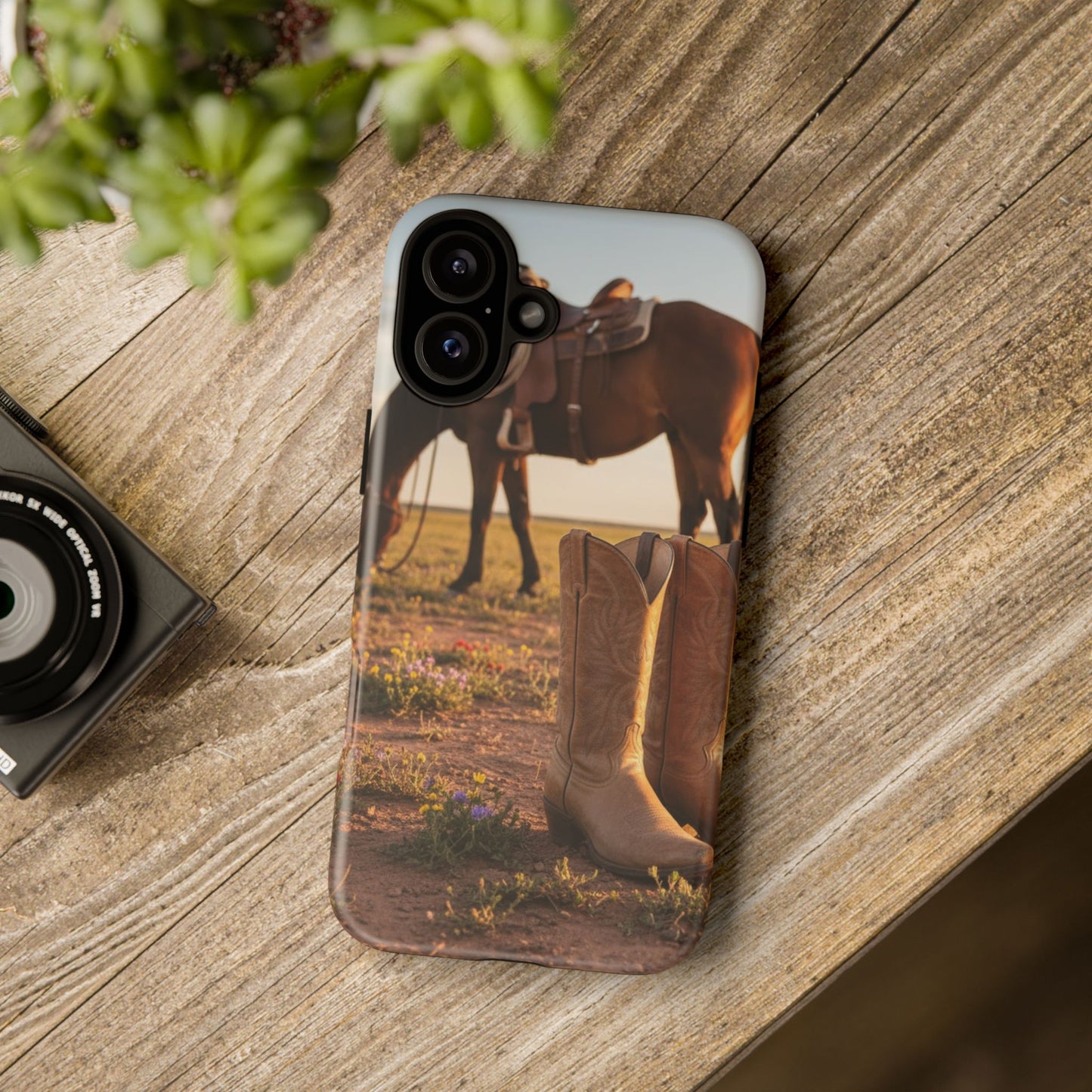 Western Cowboy Boots Phone Case – Rustic Horse Sunset Tough Case (iPhone, Samsung, Pixel)