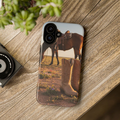 Western Cowboy Boots Phone Case – Rustic Horse Sunset Tough Case (iPhone, Samsung, Pixel)